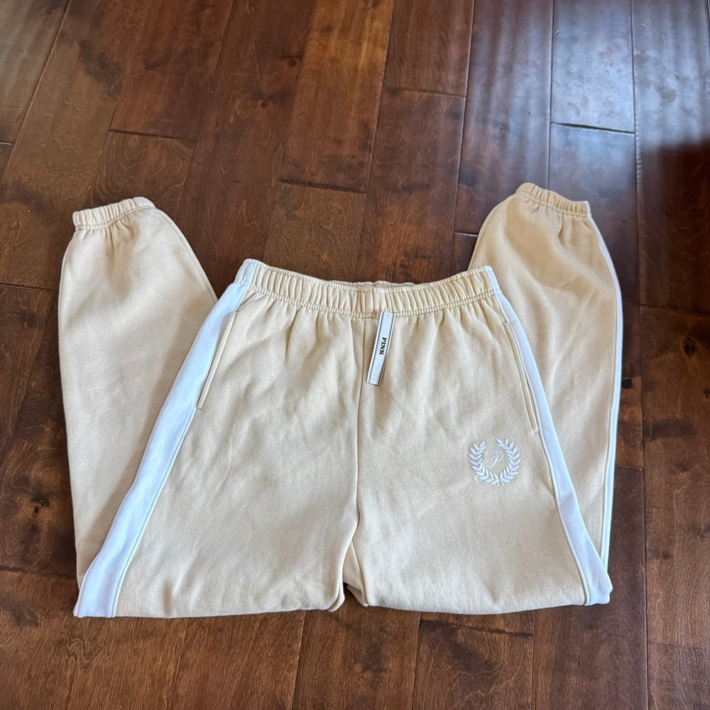 Pink Victoria's Secret Sweatpants Tan Beige White Stripe Joggers XS Cozy Fleece